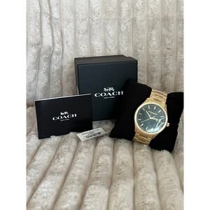 COACH Men's Oliver 3H Quartz Watch, Green, 41mm Case Size, Gold Link Band NWT